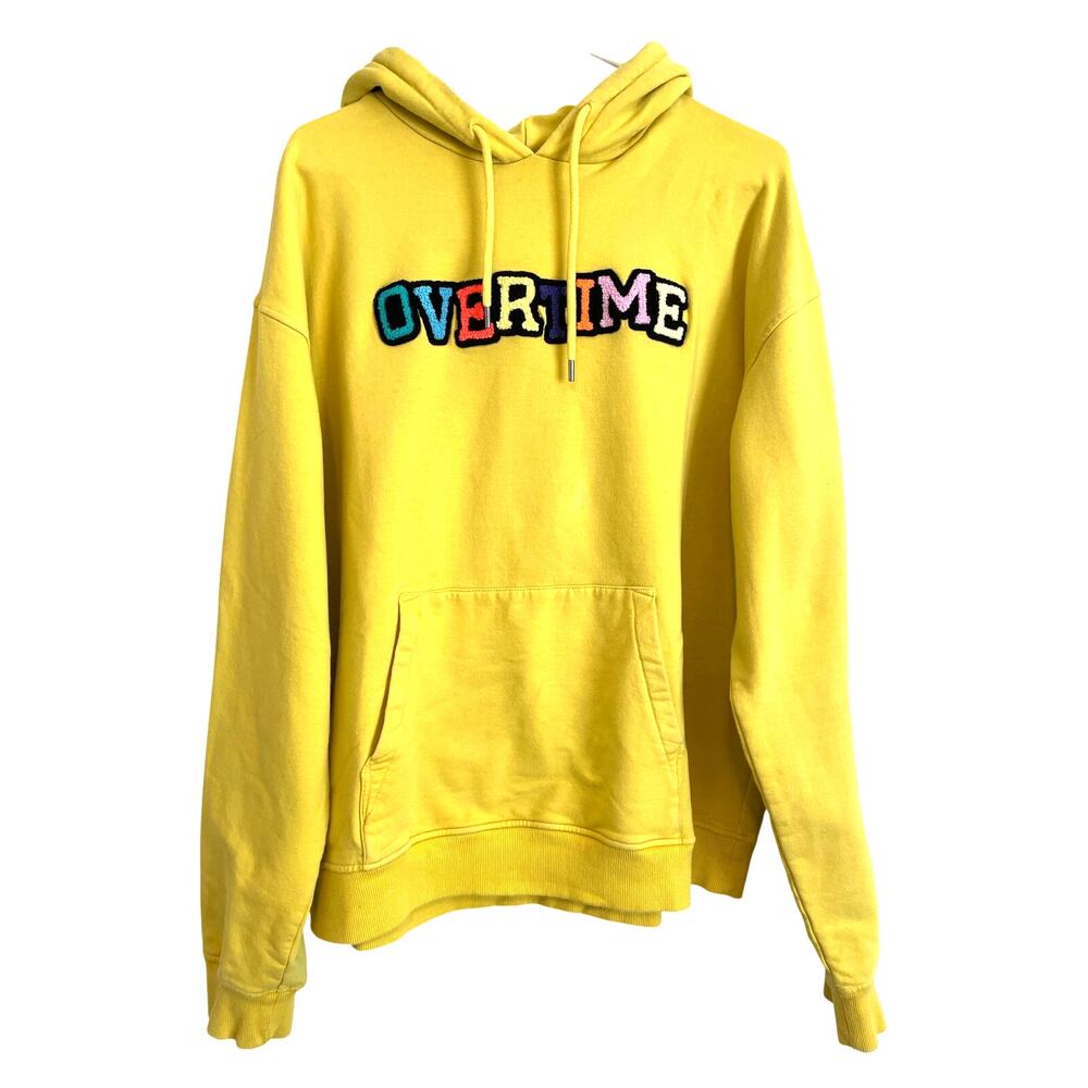 Overtime Yellow Hoodie Sweatshirt Pocket Colorful Chenille Logo Casual XXL